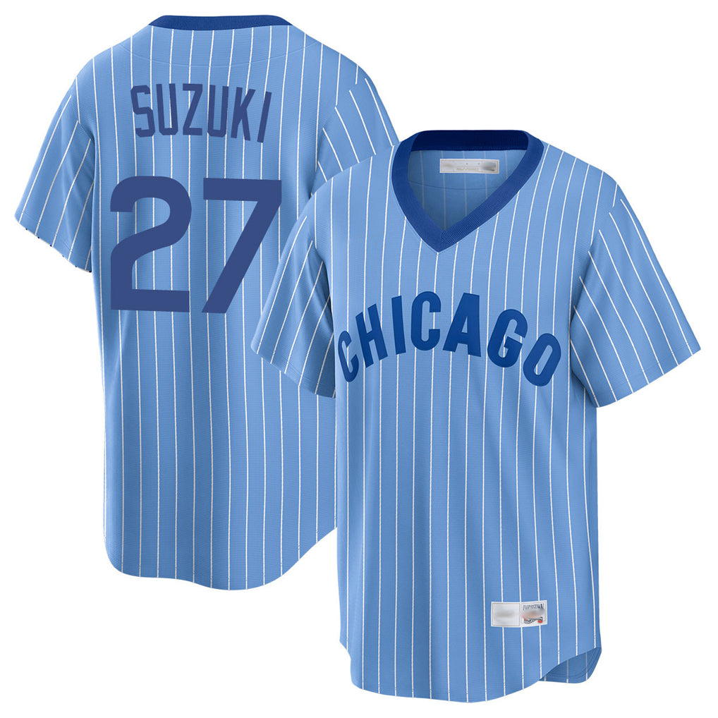 C.Cubs #27 Seiya Suzuki Player Blue T-shirt Cooperstown Collection Limited Gdoa Stitched Jerseys