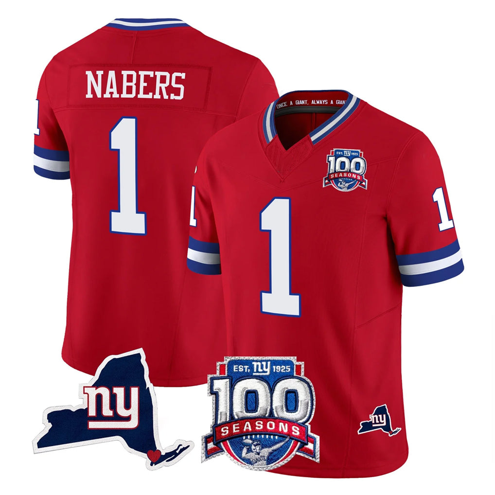 NY.Giants #1 Malik Nabers Player Red 100th Season & State Patch Vapor Limited Home Game Gdoa Stitched Jerseys
