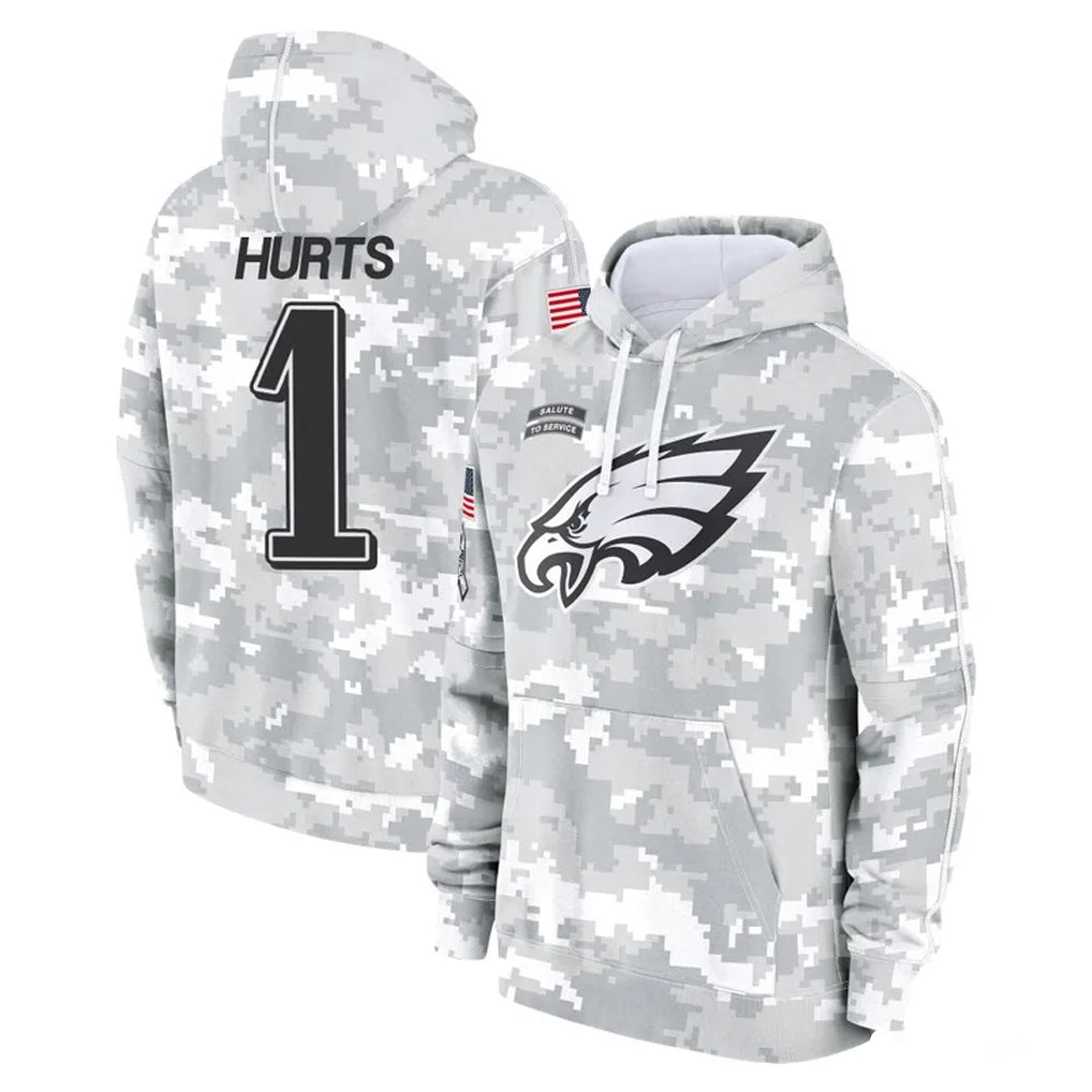 P.Eagles #1 Jalen Hurts Player Arctic Camo Salute to Service Pullover Hoodies Limited Game Gdoa Stitched Jerseys