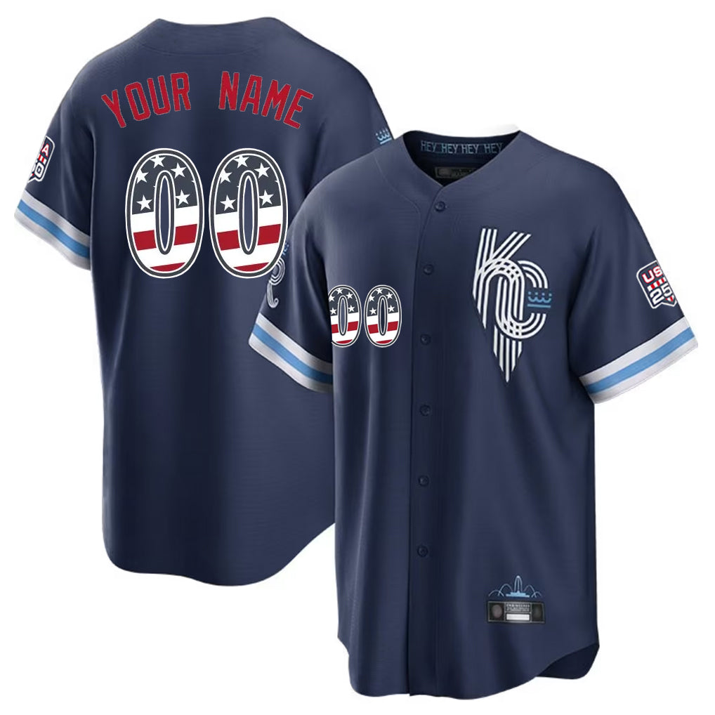 Custom KC.Royals Navy City Connect USA 250 Fourth of July Limited Home Game Any Name & Number Gdoa Stitched Jerseys