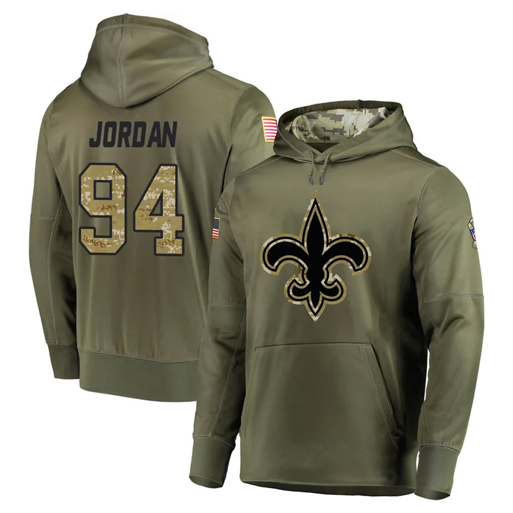NO.Saints #94 Cameron Jordan Player Olive Salute to Service Pullover Hoodies Home Game Gdoa Stitched Jerseys