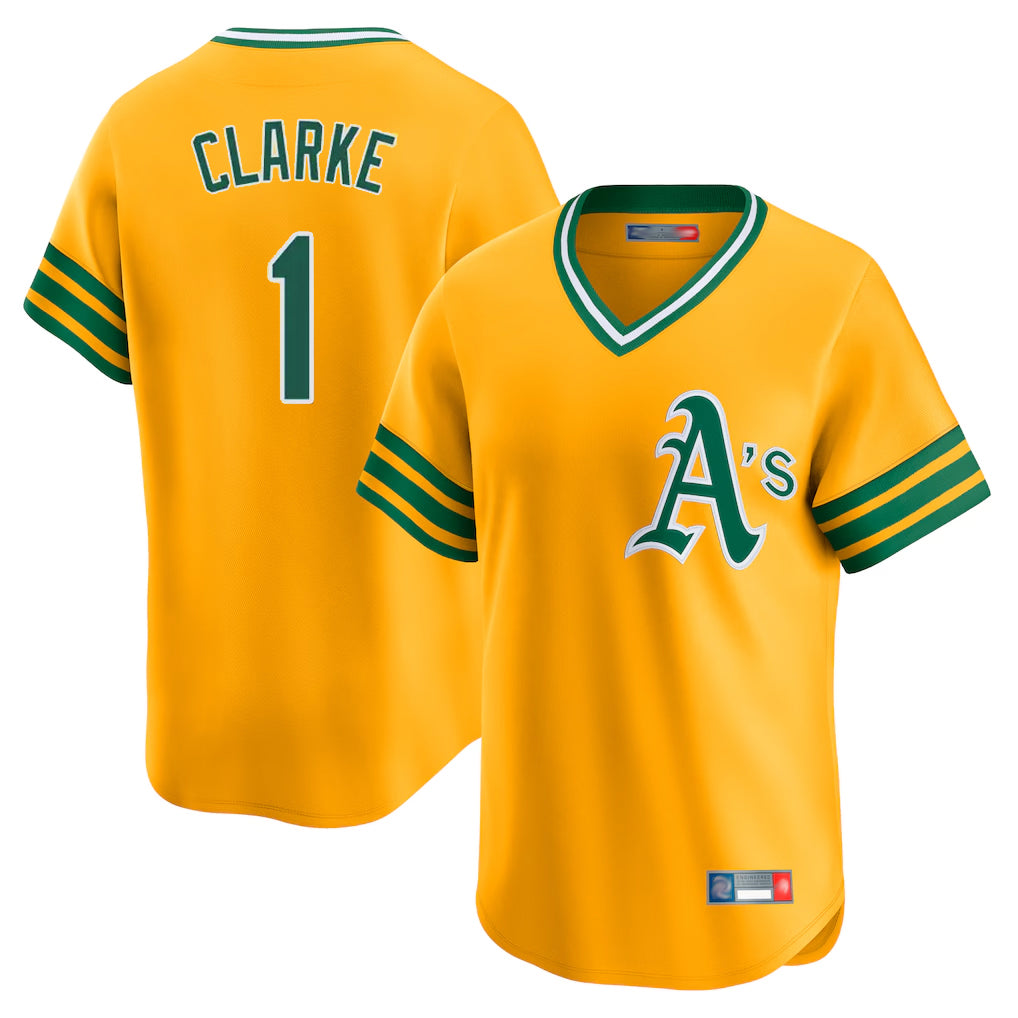 Athletics #1 Denzel Clarke Player Gold Cooperstown Collection T-shirt Game Gdoa Stitched Jerseys