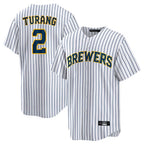 M.Brewers #2 Brice Turang Player White Stripes Home Game Fdoa Stitched Jerseys