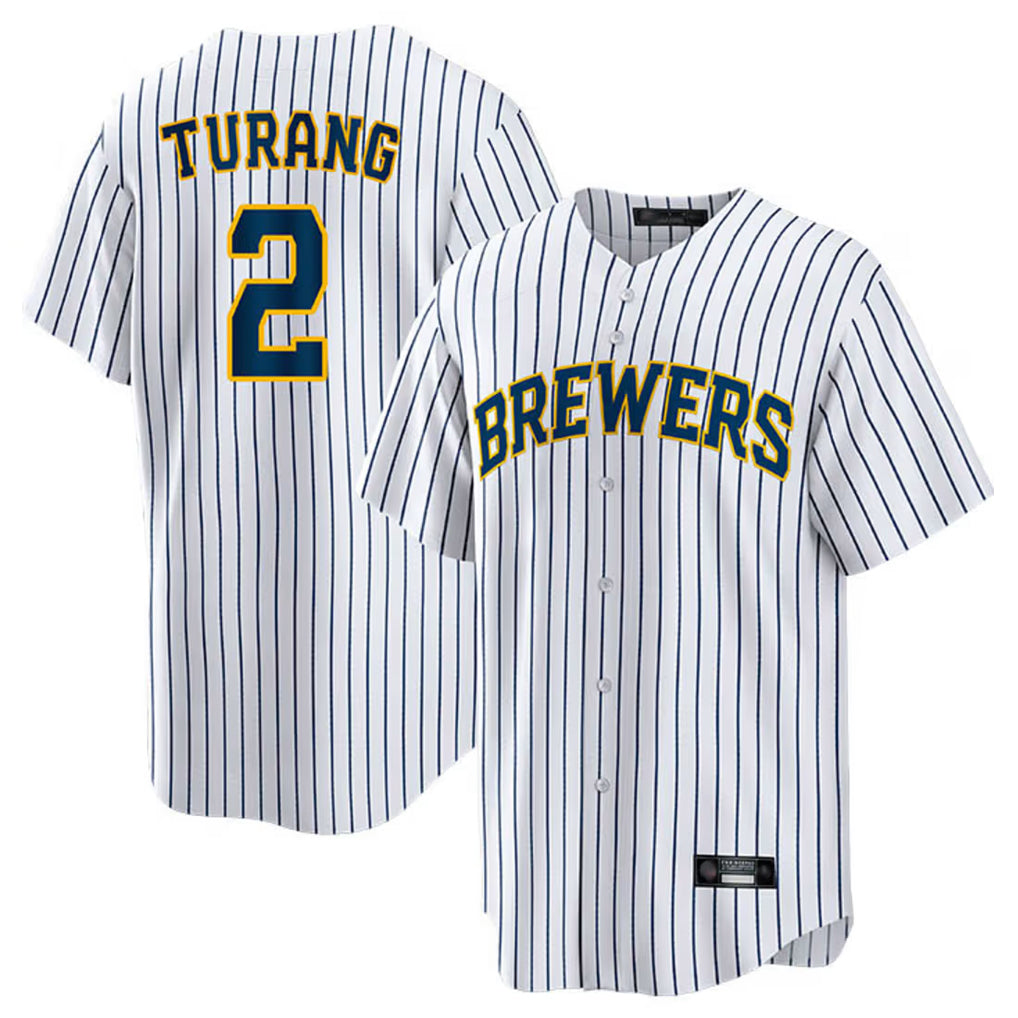 M.Brewers #2 Brice Turang Player White Stripes Home Game Fdoa Stitched Jerseys
