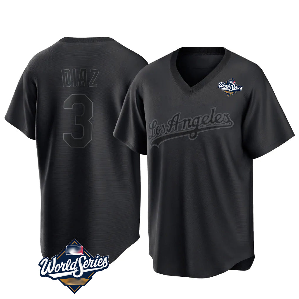 LA.Dodgers #3 Edwin D¨ªaz Player Black World Series Pitch Fashion T-shirt Fdoa Stitched Jerseys