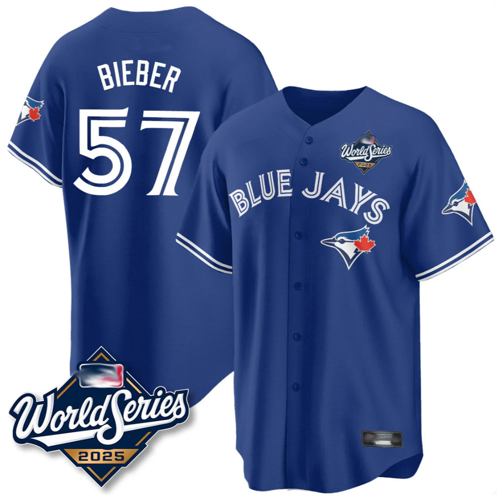 T.Blue Jays #57 Shane Bieber Player Royal 2025 World Series All Fdoa Stitched Jerseys