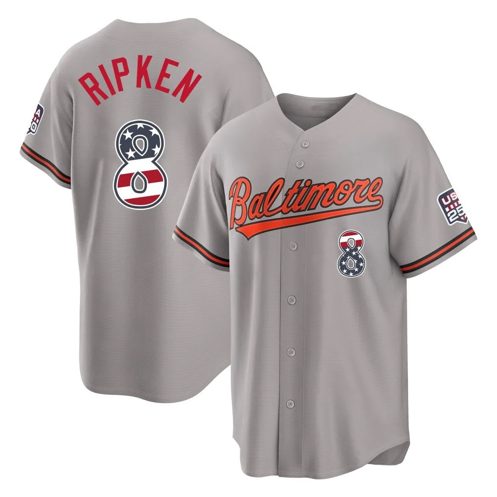 B.Orioles #8 Cal Ripken Player Gray USA 250 Fourth of July Home Game Gdoa Stitched Jerseys