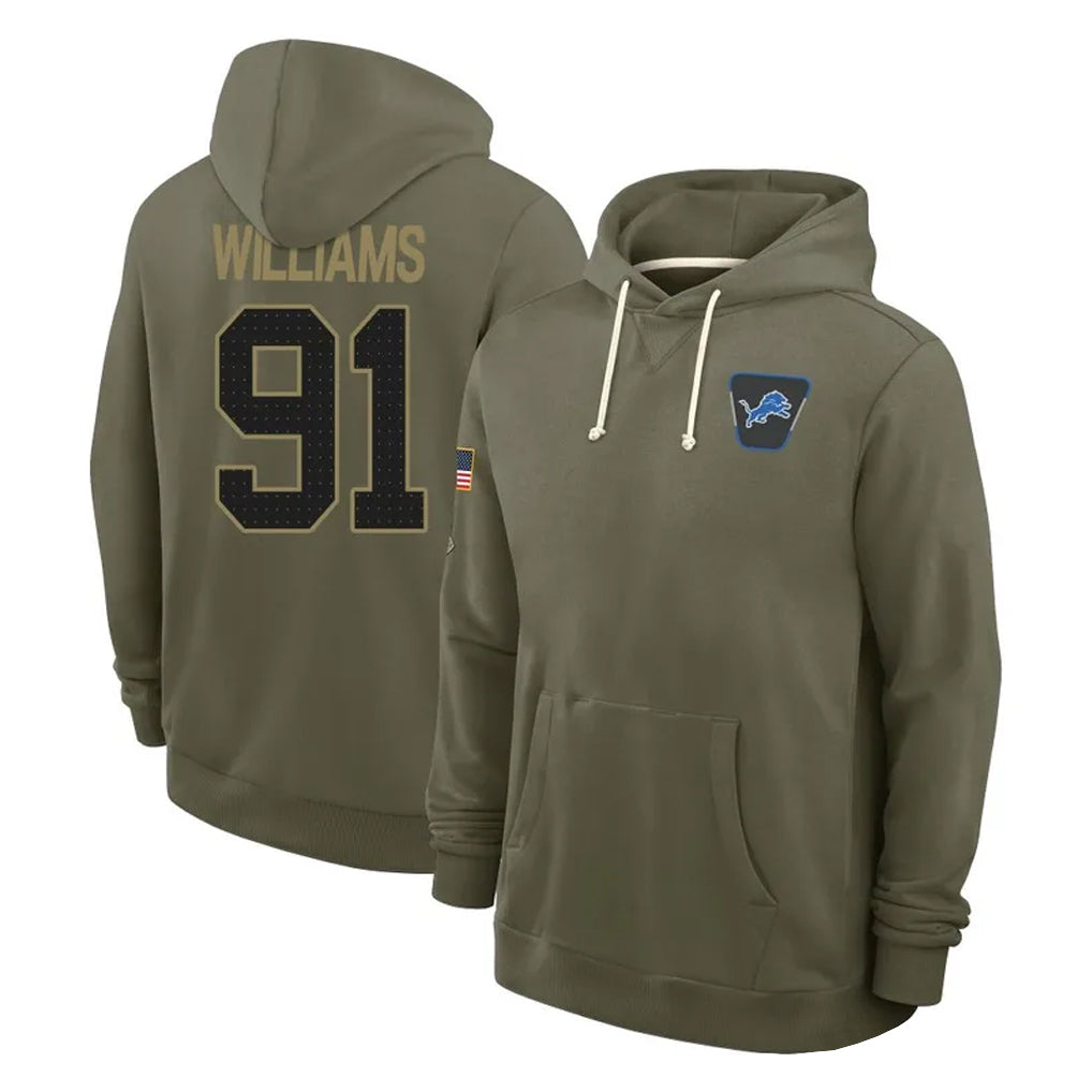 D.Lions #91 Tyleik Williams Player Olive Salute to Service Pullover Hoodies Limited Gdoa Stitched Jerseys