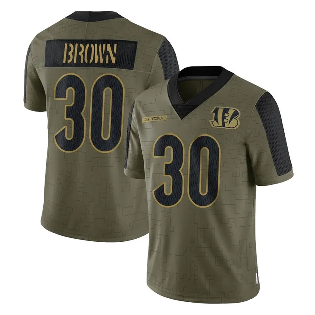 C.Bengals #30 Chase Brown Player Olive Salute to Service Game Gdoa Stitched Jerseys