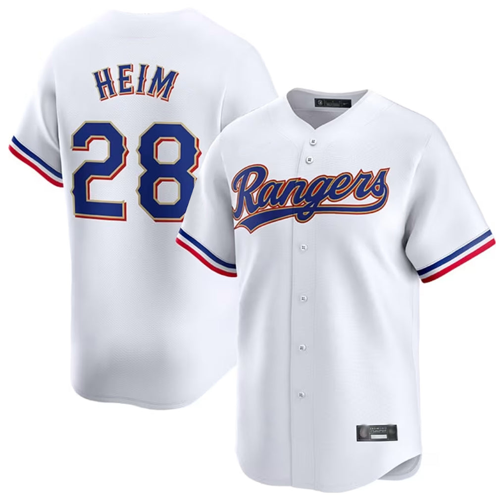 T.Rangers #28 Jonah Heim Player White Gold Collection Limited Fdoa Stitched Jerseys
