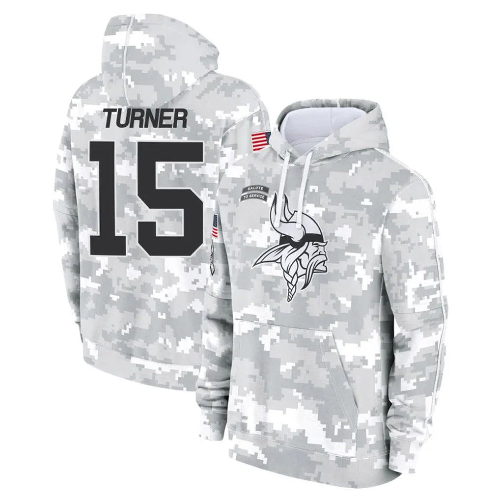 M.Vikings #15 Dallas Turner Player Arctic Camo Salute to Service Pullover Hoodies Limited Game Gdoa Stitched Jerseys