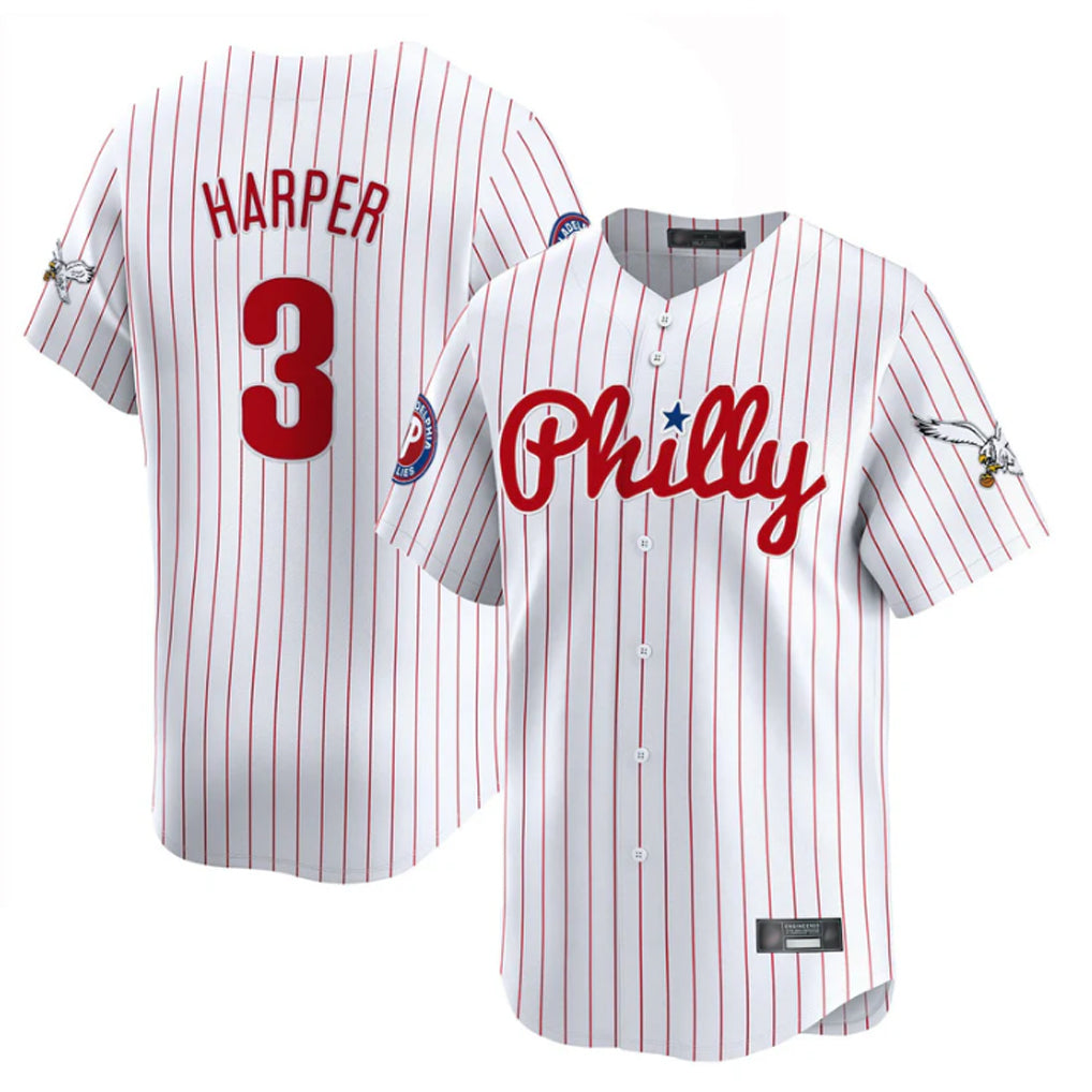 P.Phillies #3 Bryce Harper Player White Pinstripe Phillies & Eagles Vapor Premier Limited Fdoa Stitched Jerseys