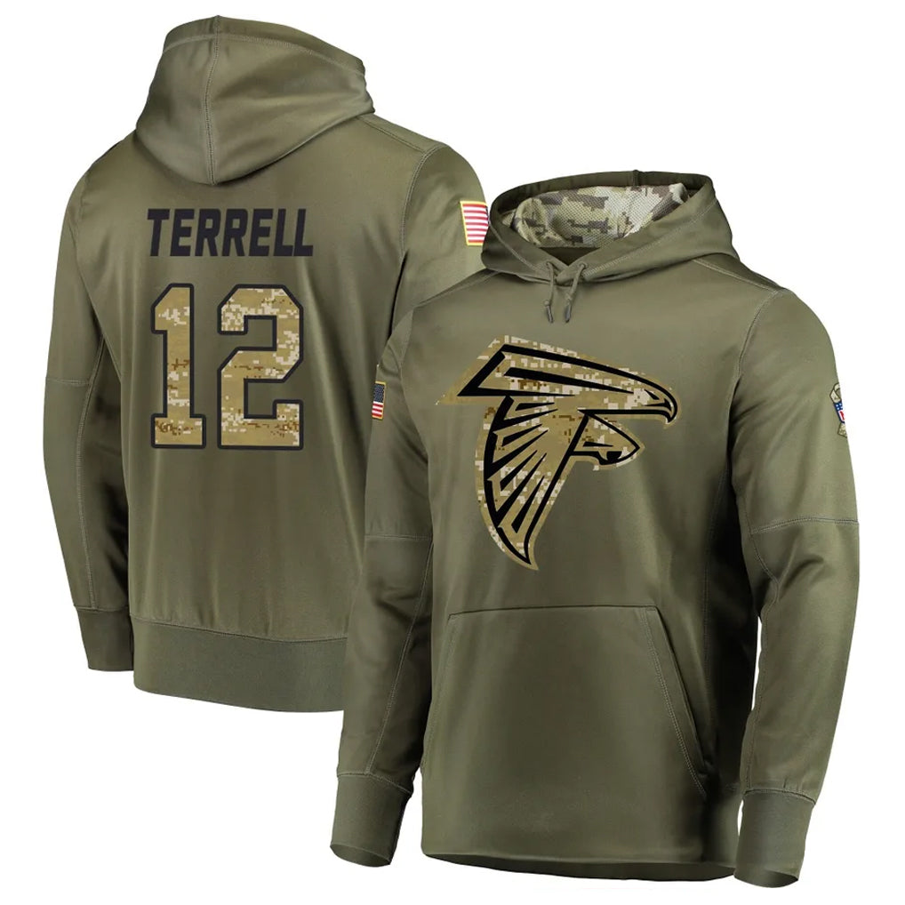 A.Falcons #12 Avieon Terrell Player Olive Salute to Service Club Fleece Hoodie Gdoa Stitched Jerseys
