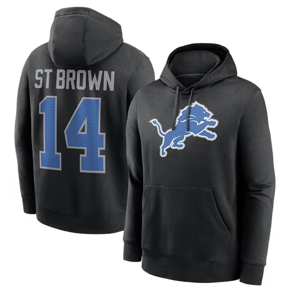 D.Lions #14 Amon-Ra St. Brown Player Black Pullover Hoodies Limited Game Gdoa Stitched Jerseys