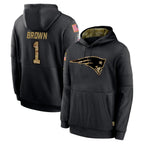 NE.Patriots #1 A.J. Brown Player Black Salute to Service Hoodies Limited Game Gdoa Stitched Jerseys