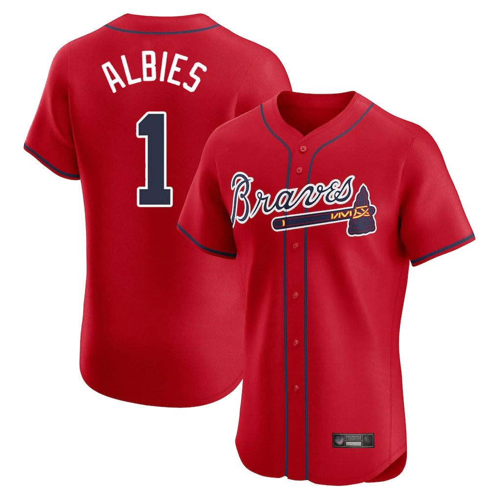 A.Braves #1 Ozzie Albies Player Red Limited Elite Home Game Gdoa Stitched Jerseys