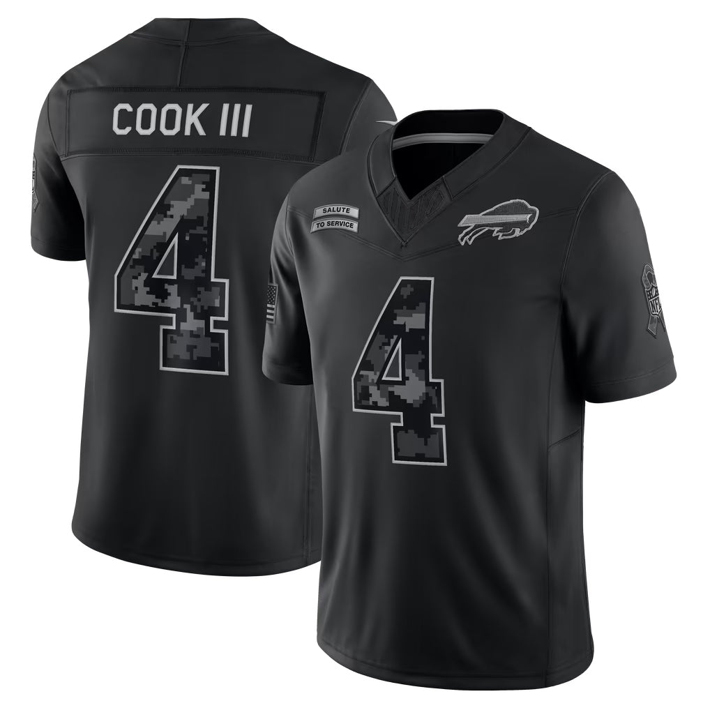 B.Bills #4 James Cook III Player Black Limited 2026 Salute to Service Home Game Gdoa Stitched Jerseys