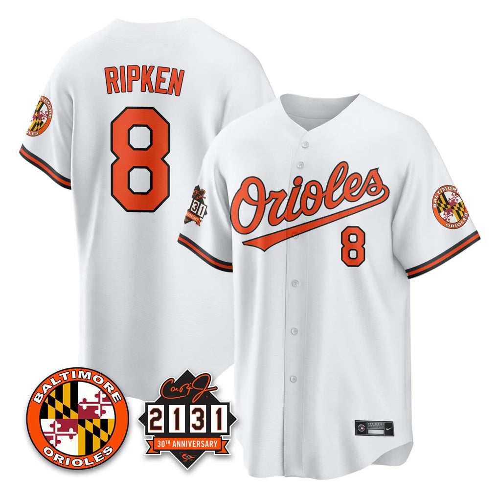B.Orioles #8 Cal Ripken Player White 30th Anniversary of 2131 Home Game Gdoa Stitched Jerseys